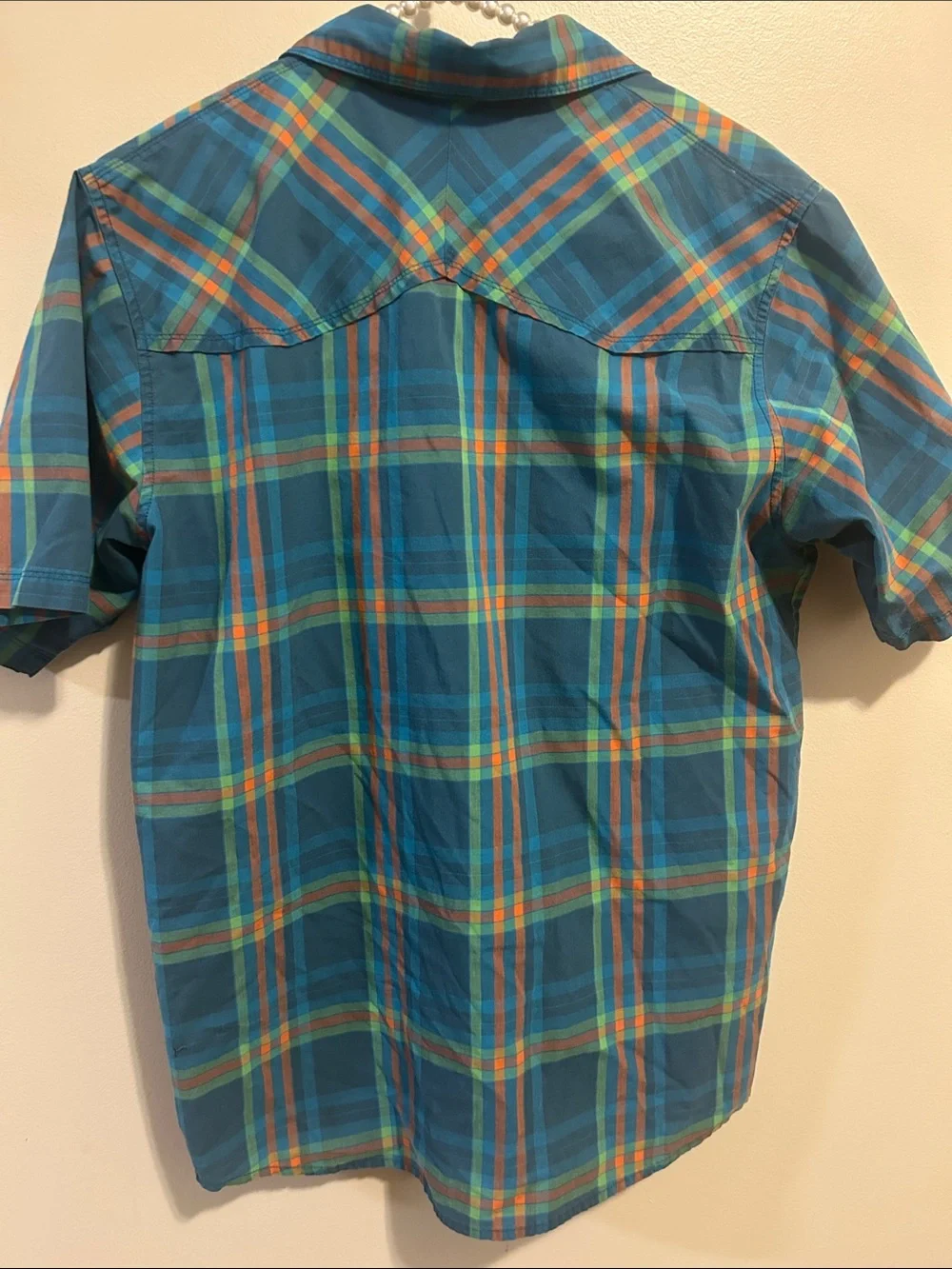 The North Face Men's Size M Plaid Snap Button Short Sleeve Shirt Blue Orange